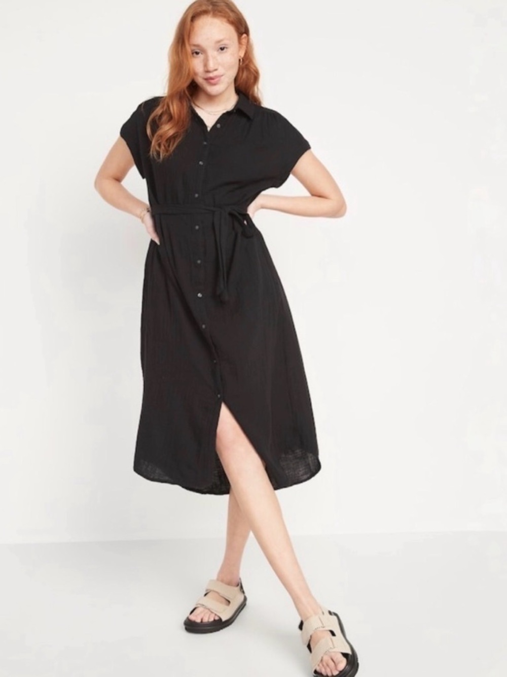 Old Navy Gauze Black Midi Dress with Belt